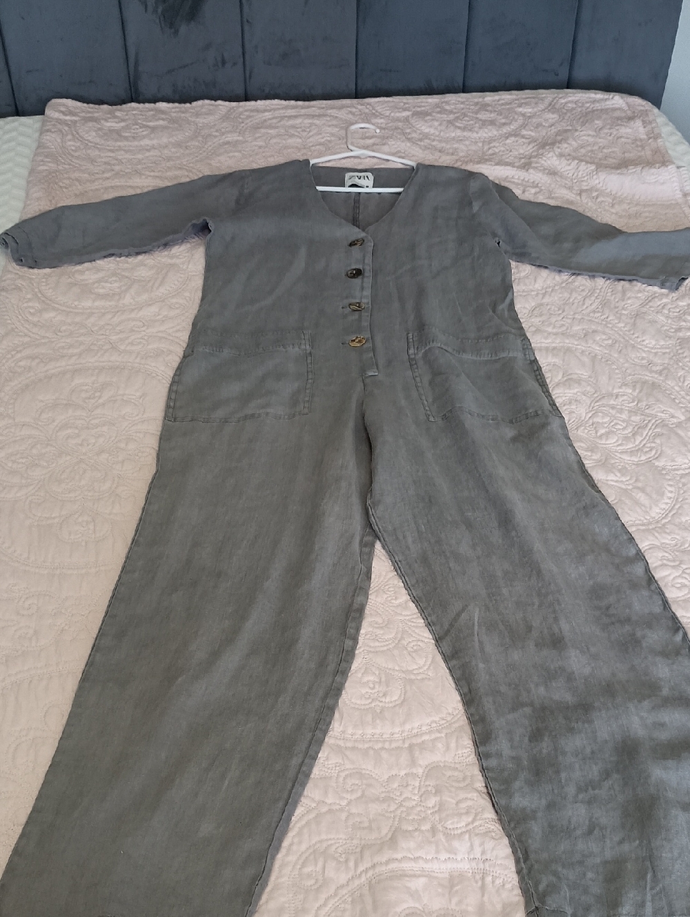 Zara Gray Long-Sleeve Button-Front Linen Jumpsuit